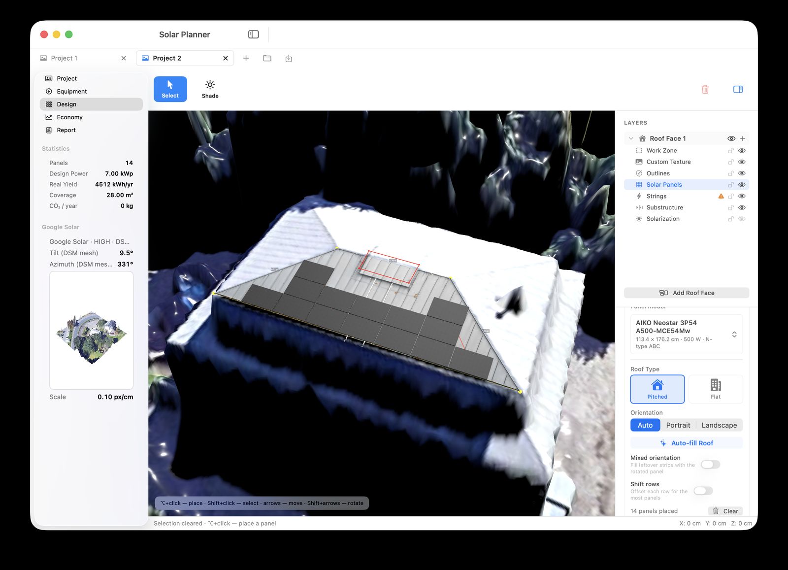 Tegrona — 3D roof model with solar panel layout